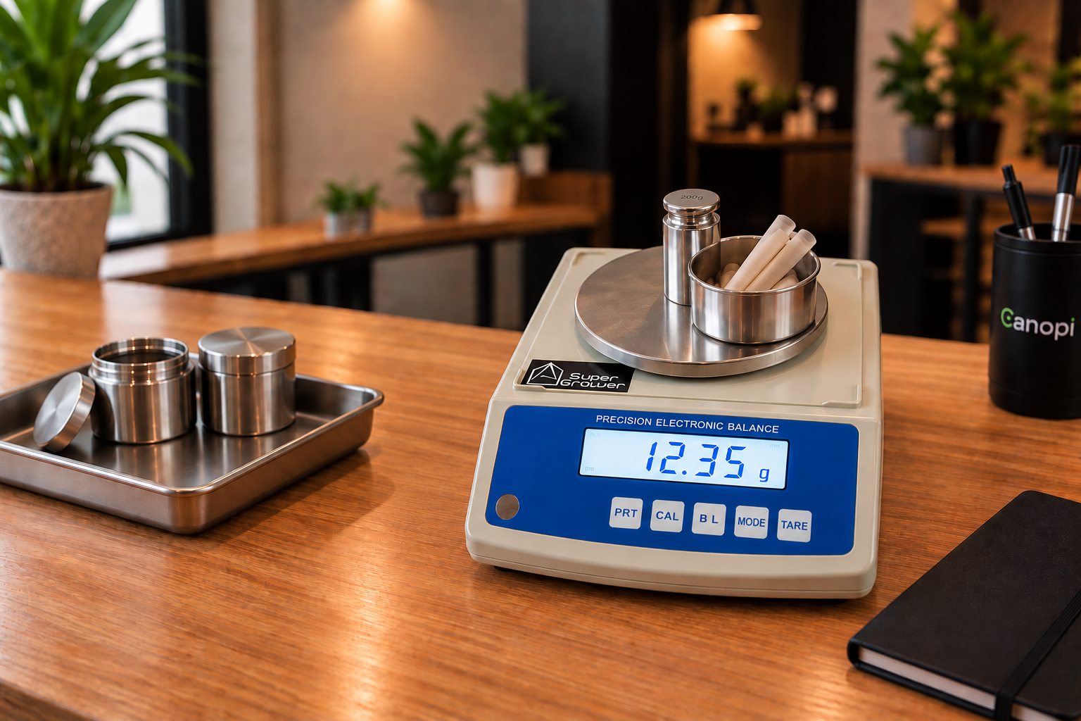 Digital precision scale with a calibration weight and a container on the pan, on the club counter