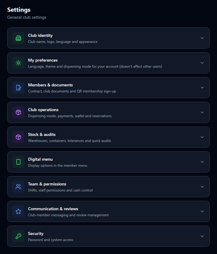 Canopi Settings screen with every section the club can configure