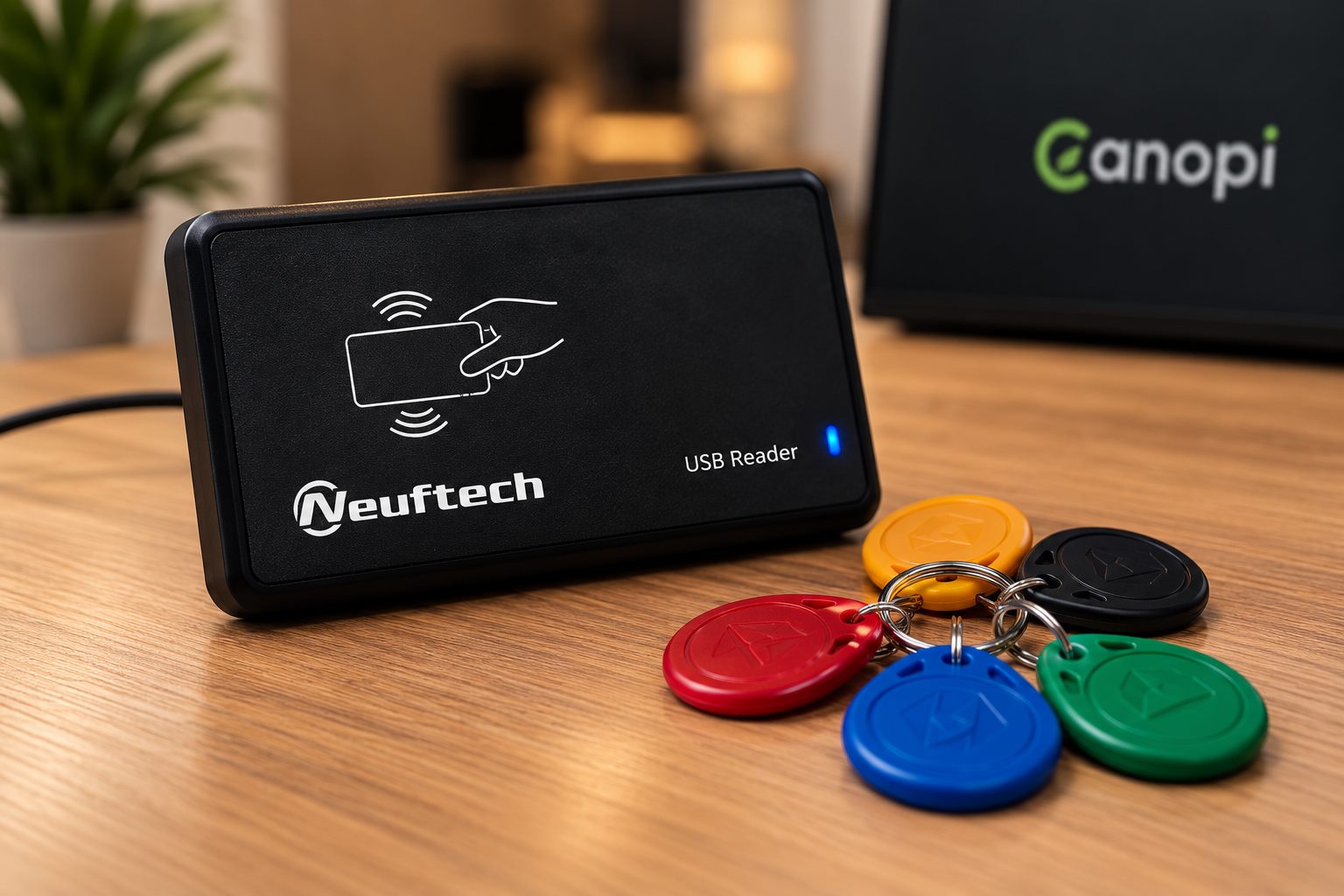 Neuftech USB RFID reader with colored 125 kHz key fobs on the counter