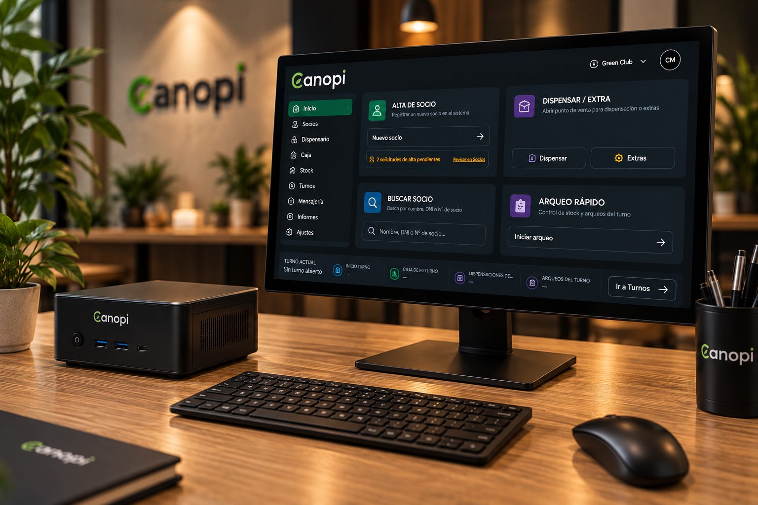 Mini PC with monitor, keyboard and mouse, with the Canopi dashboard open on the club counter